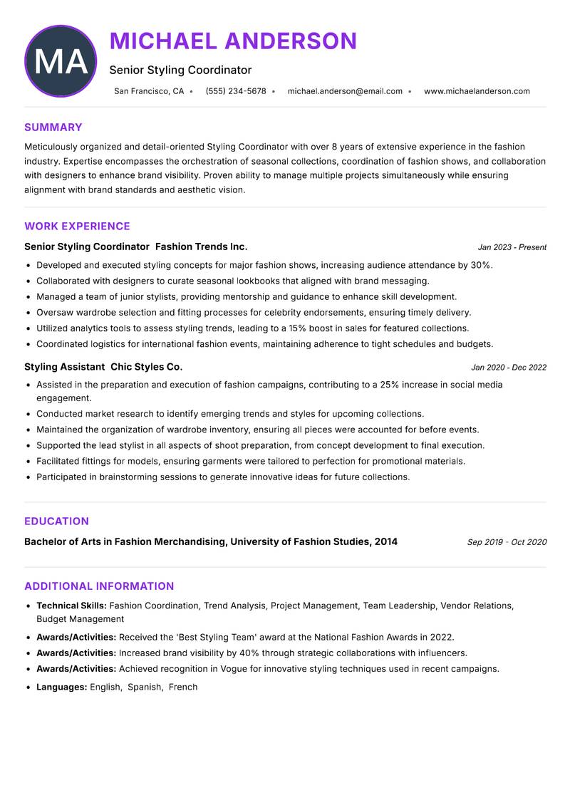 Styling Coordinator resume example — ATS-friendly template