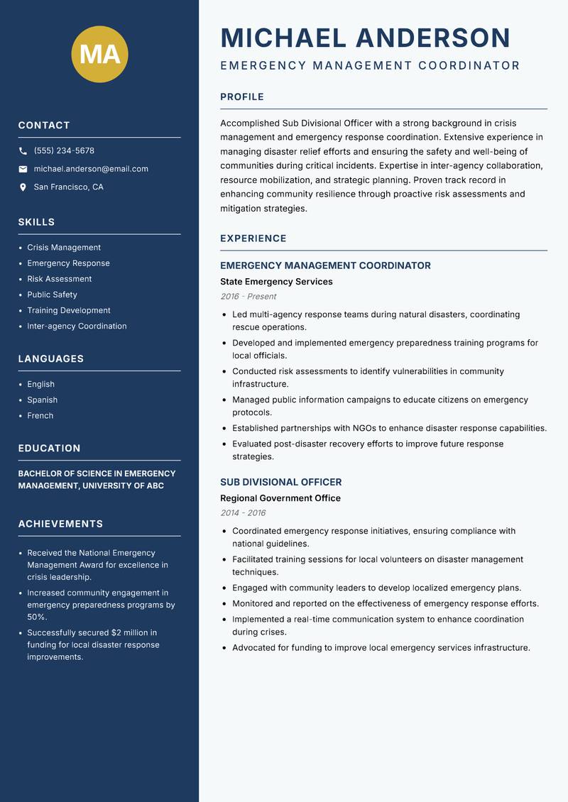 Sub Divisional Officer resume template — Classic Clean