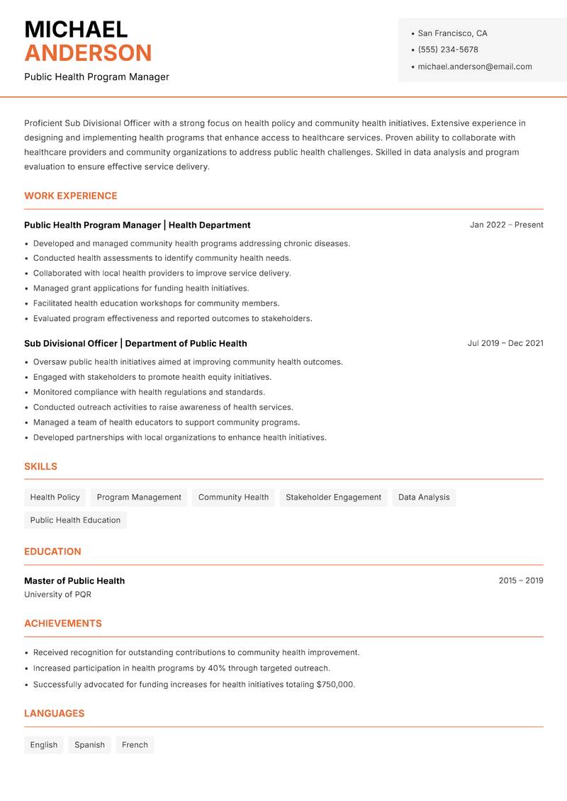 Sub Divisional Officer resume template — Modern Professional