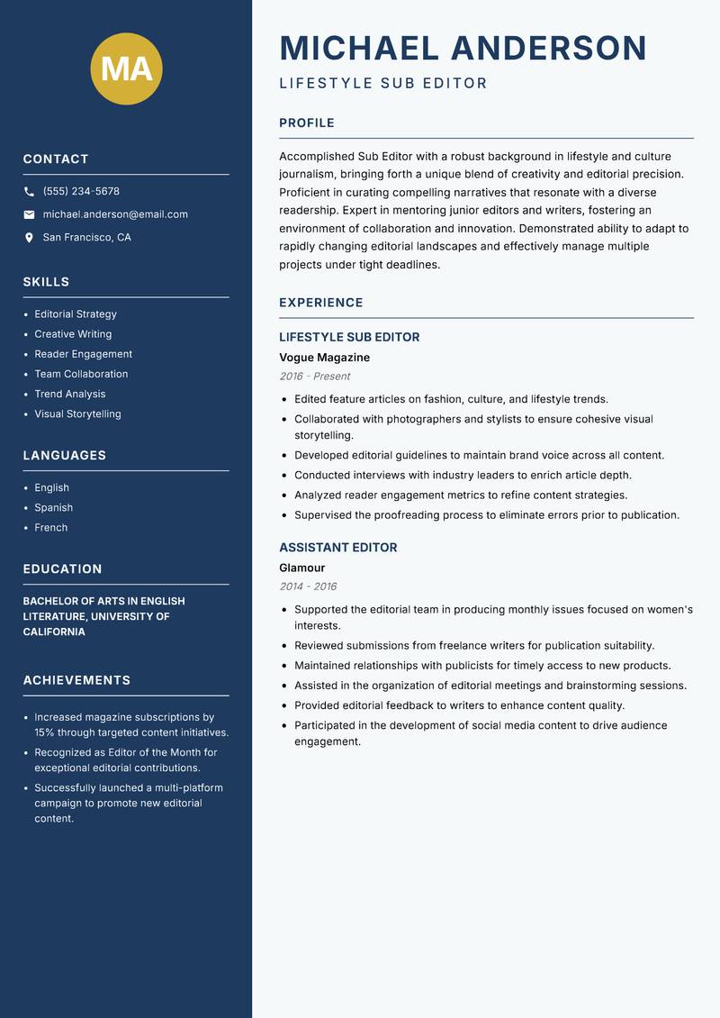 Sub Editor resume template — Classic Clean