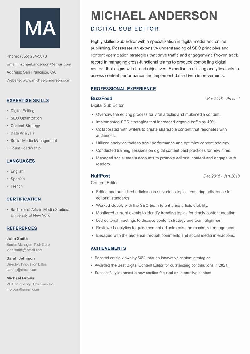 Sub Editor resume template — Creative Minimal