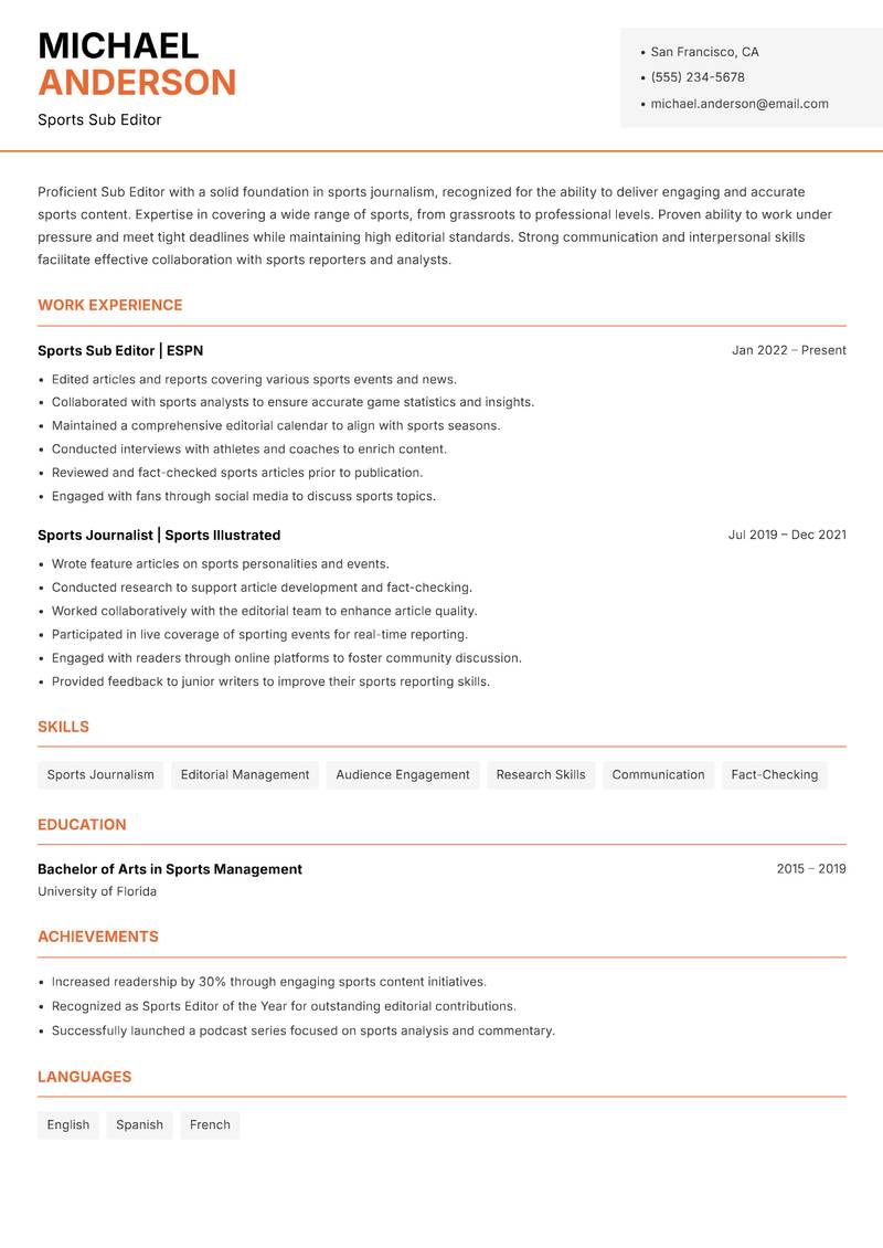 Sub Editor resume template — Modern Professional