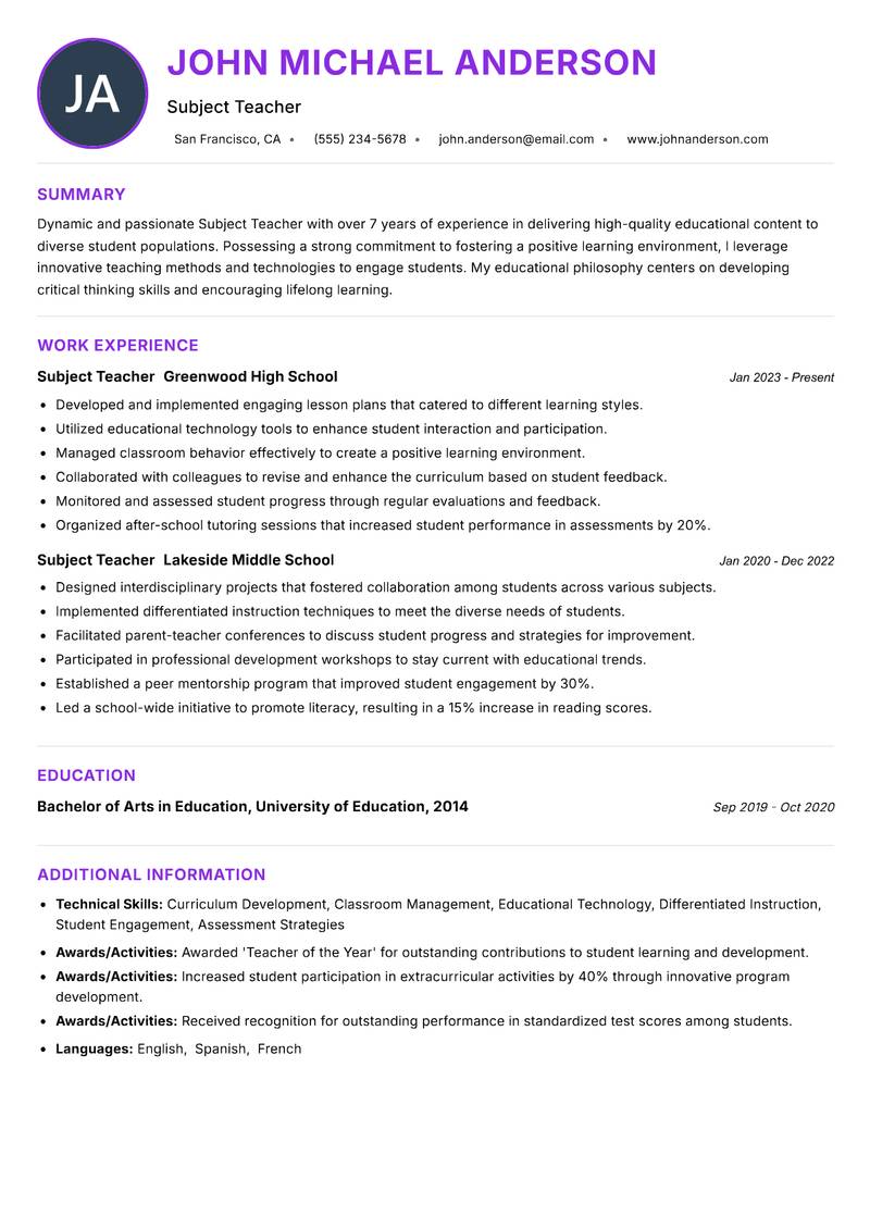 Subject Teacher resume example — ATS-friendly template
