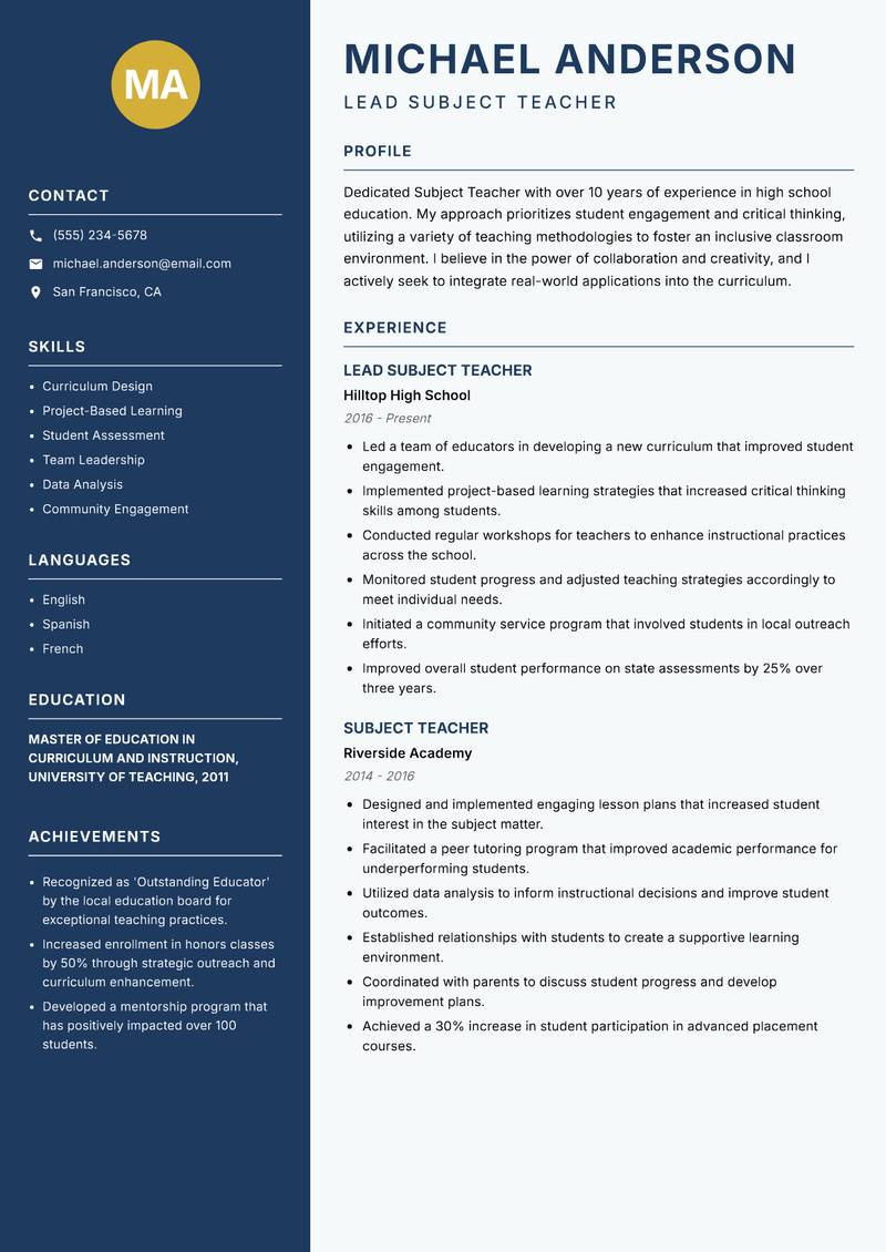 Subject Teacher resume template — Classic Clean