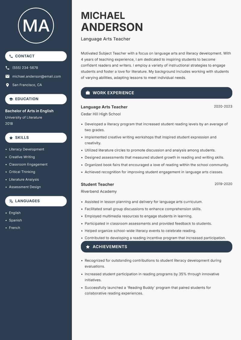 Subject Teacher resume template — Compact