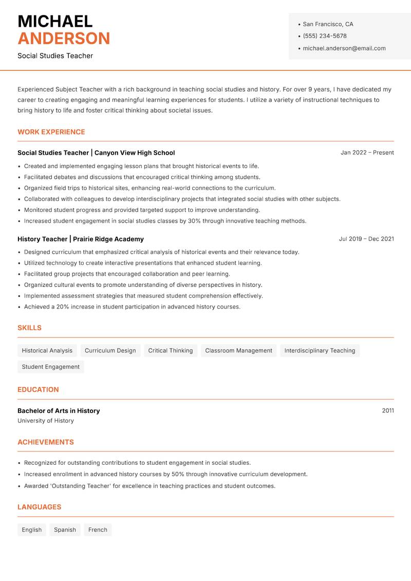 Subject Teacher resume template — Modern Professional