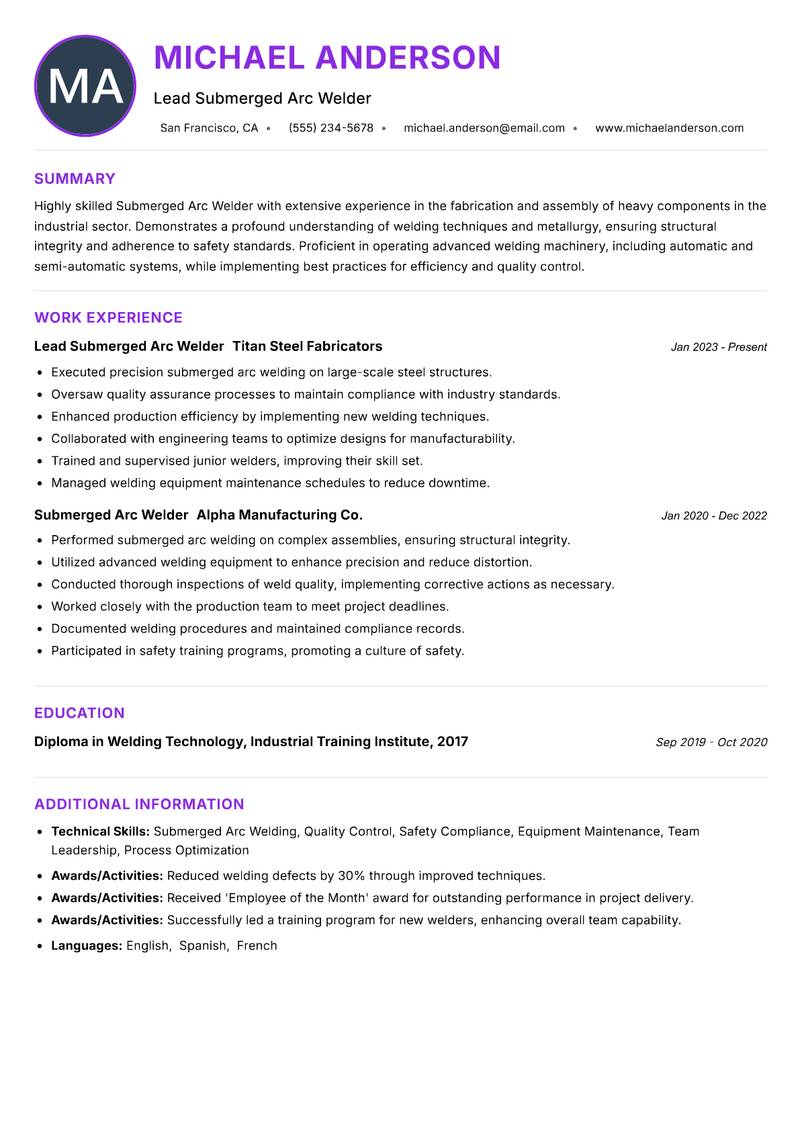Submerged Arc Welder resume example — ATS-friendly template