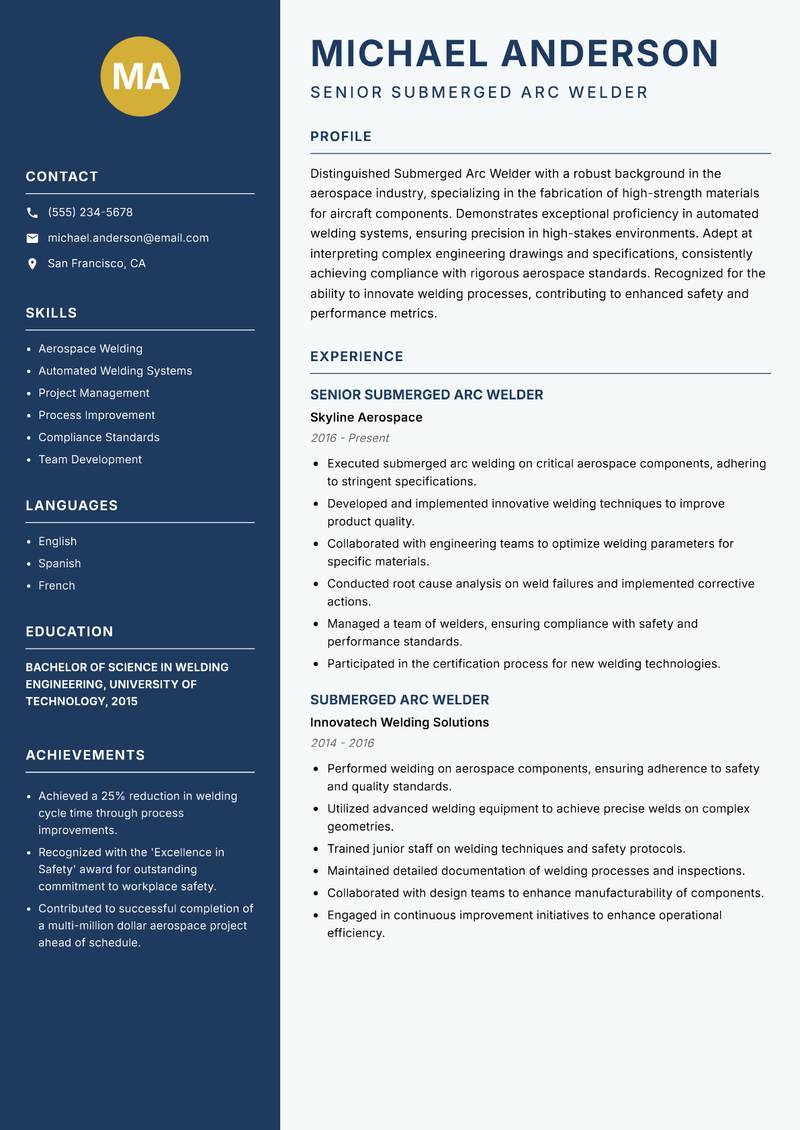 Submerged Arc Welder resume template — Classic Clean