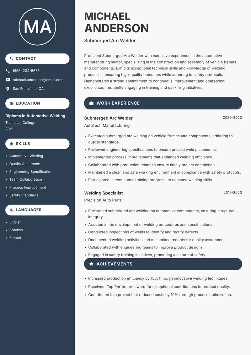 Submerged Arc Welder resume template — Compact