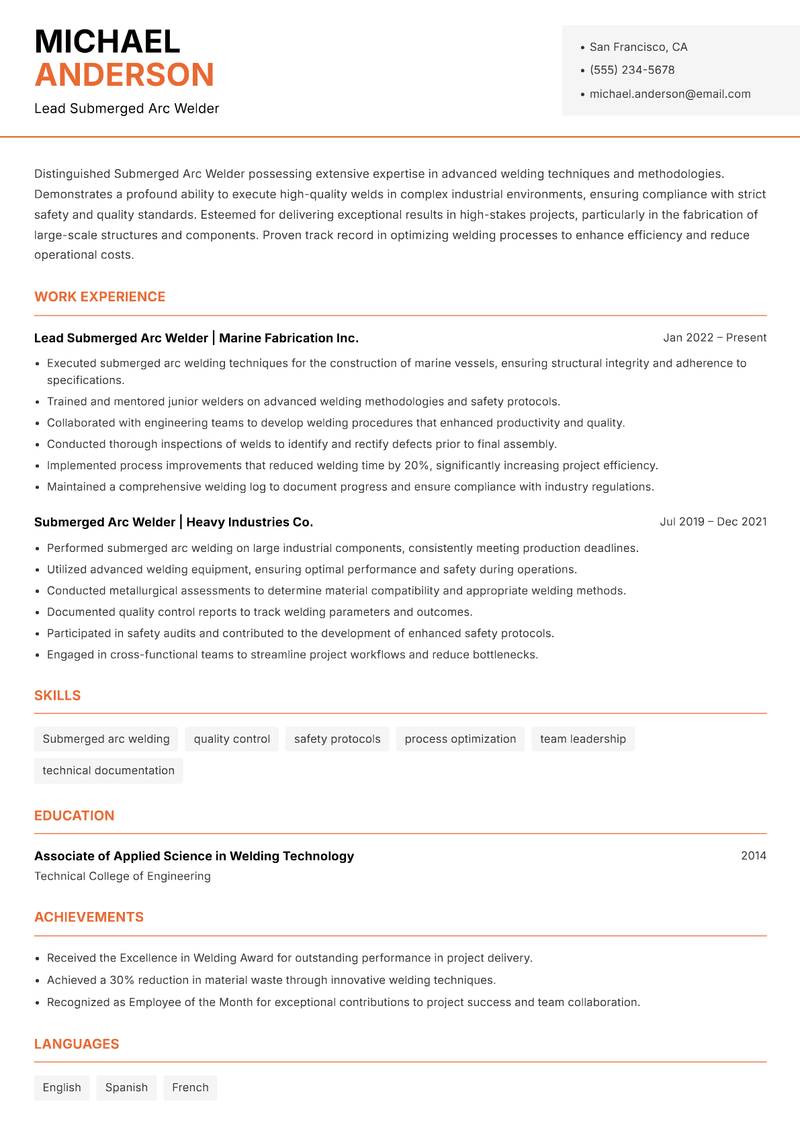Submerged Arc Welder resume template — Modern Professional