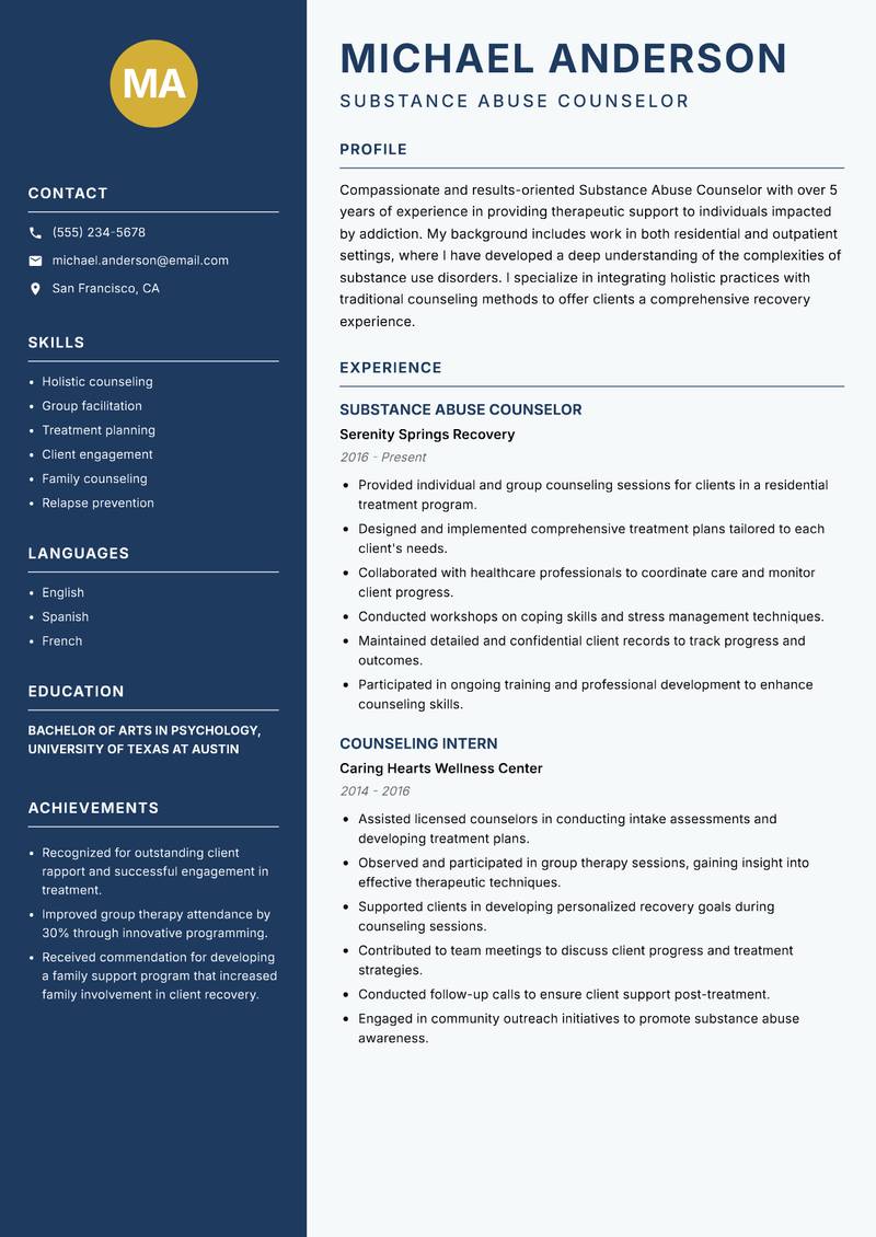 Substance Abuse Counselor resume template — Classic Clean