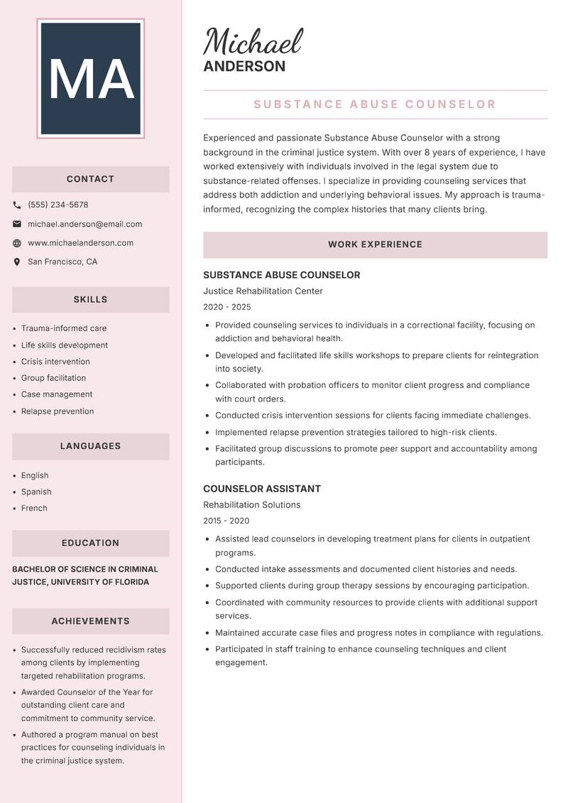 Substance Abuse Counselor resume template — Executive