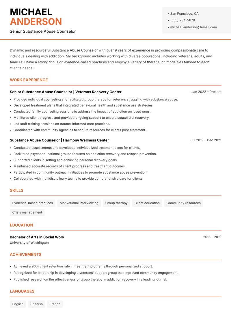 Substance Abuse Counselor resume template — Modern Professional