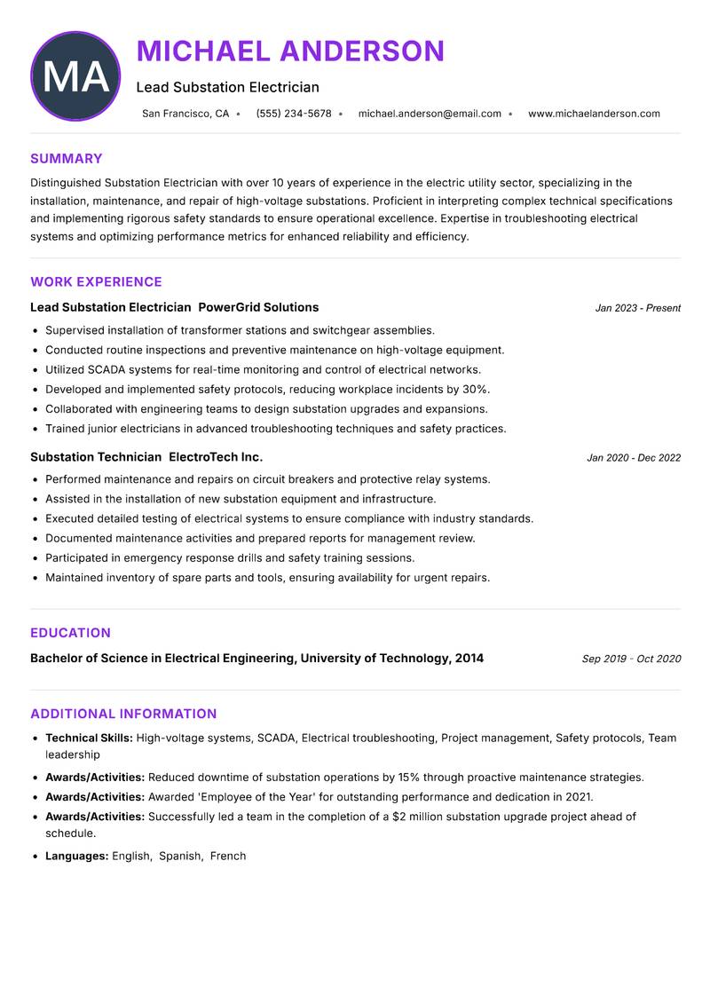 Substation Electrician resume example — ATS-friendly template