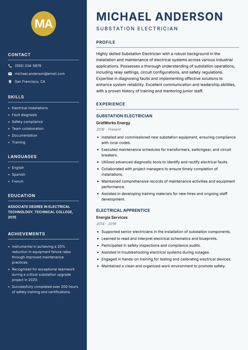 Substation Electrician resume template — Classic Clean