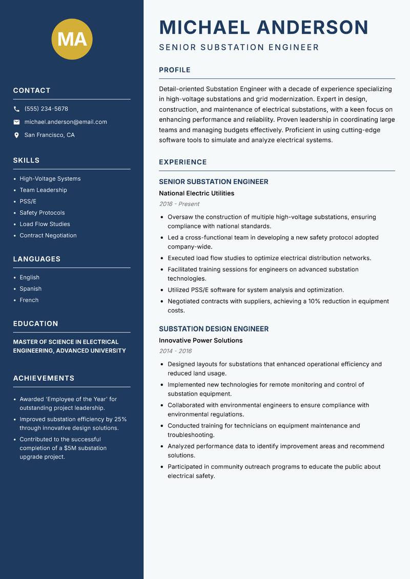 Substation Engineer resume template — Classic Clean