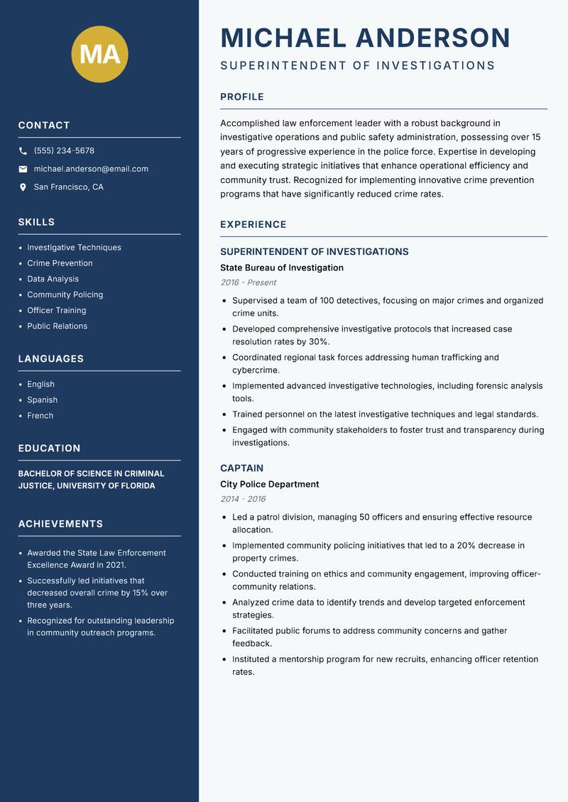Superintendent of Police resume template — Classic Clean