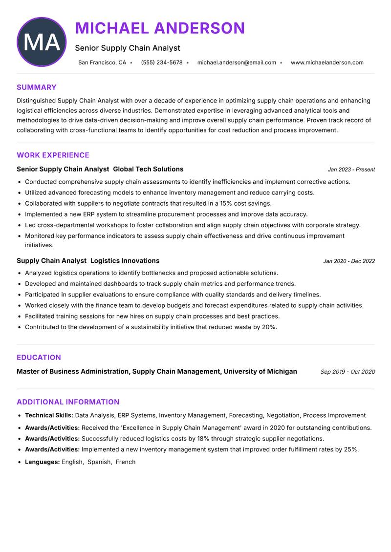 Supply Chain Analyst resume example — ATS-friendly template