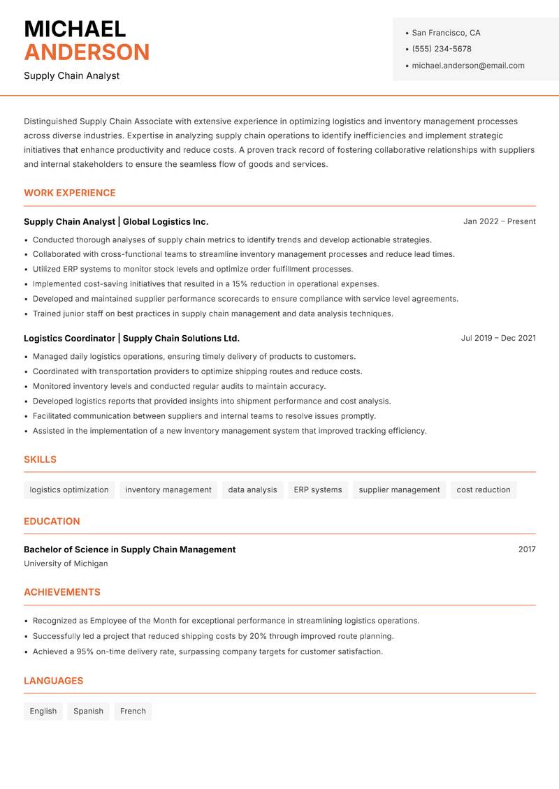 Supply Chain Associate resume template — Modern Professional