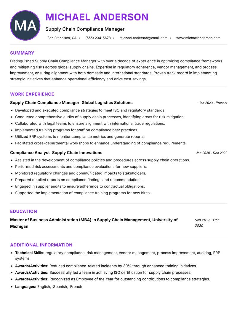 Supply Chain Compliance Manager resume example — ATS-friendly template