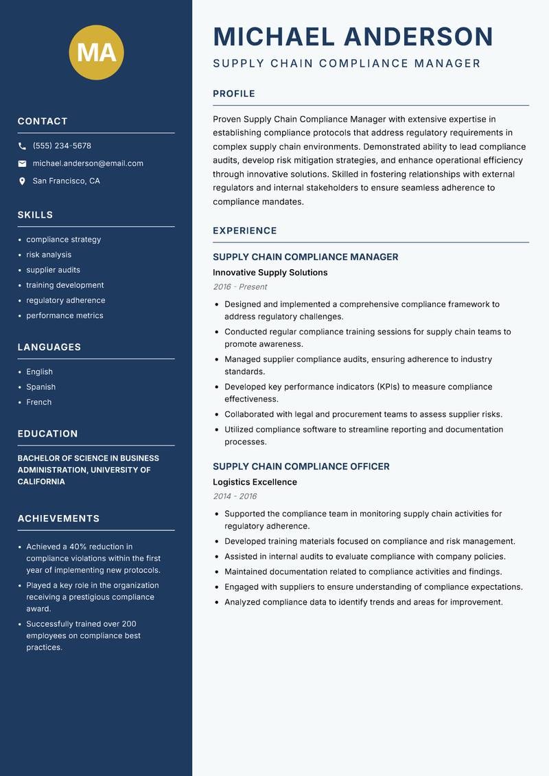 Supply Chain Compliance Manager resume template — Classic Clean