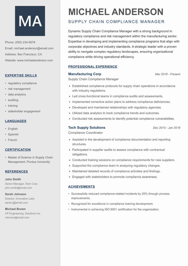 Supply Chain Compliance Manager resume template — Creative Minimal