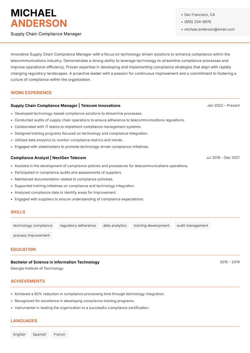 Supply Chain Compliance Manager resume template — Modern Professional