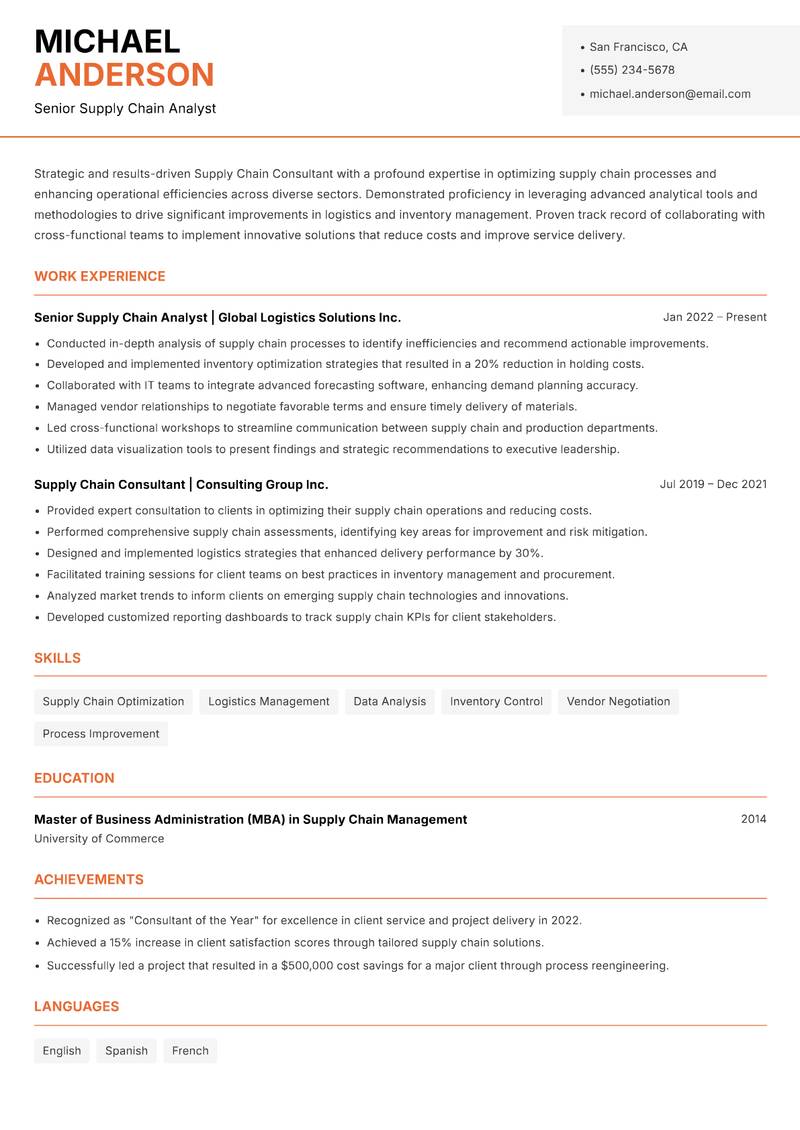 Supply Chain Consultant resume template — Modern Professional