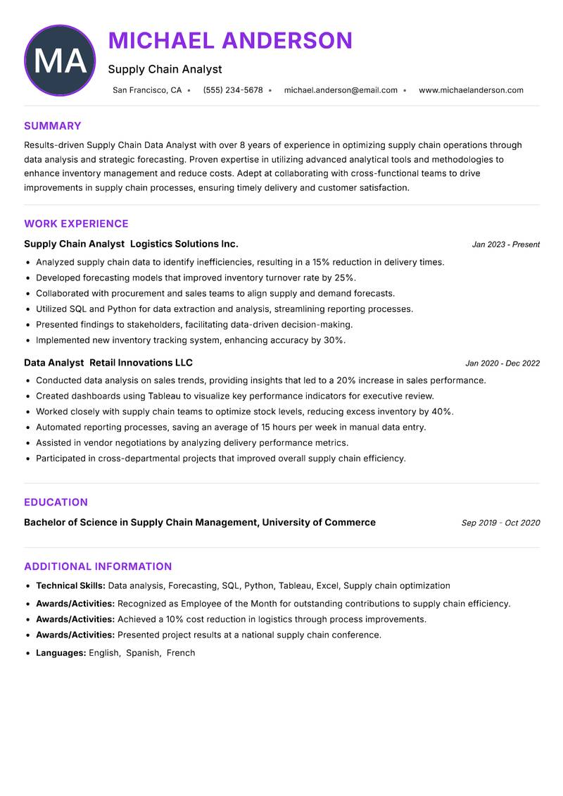 Supply Chain Data Analyst resume example — ATS-friendly template