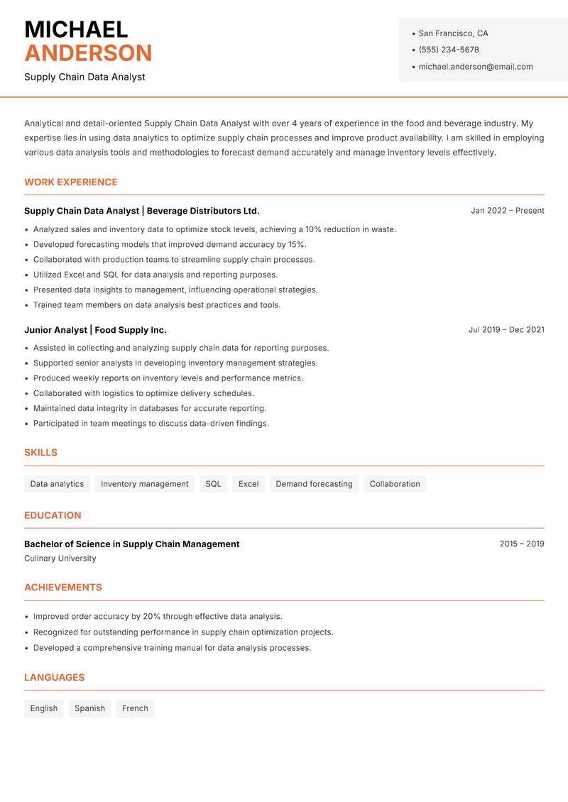 Supply Chain Data Analyst resume template — Modern Professional