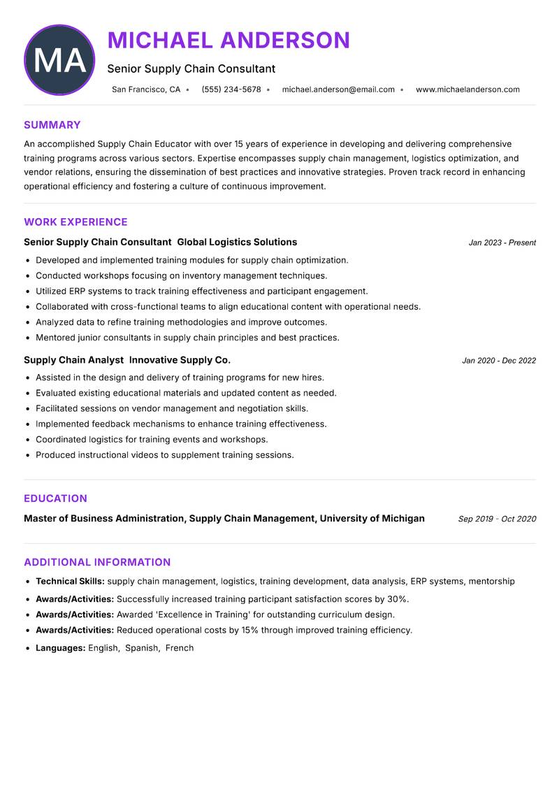 Supply Chain Educator resume example — ATS-friendly template