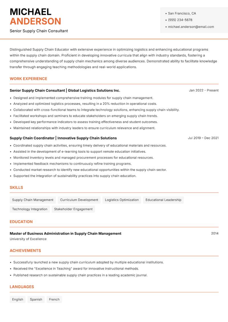 Supply Chain Educator resume template — Modern Professional