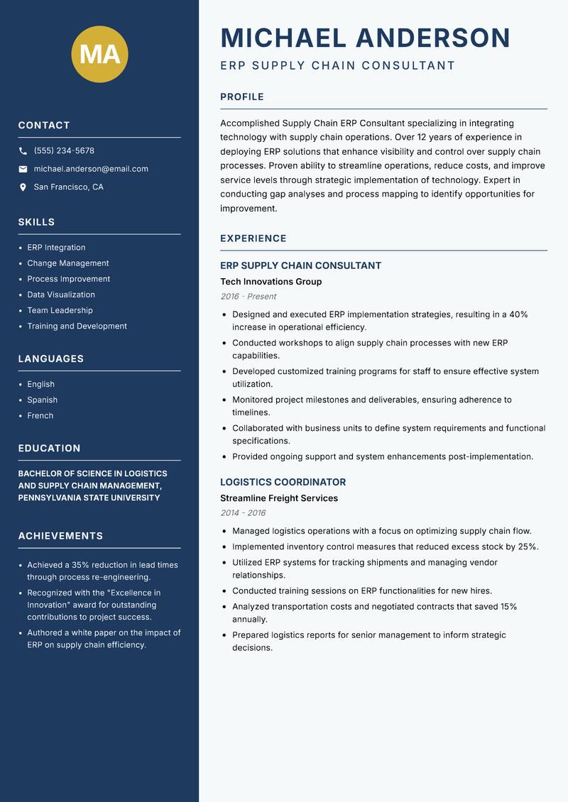 Supply Chain ERP Consultant resume template — Classic Clean
