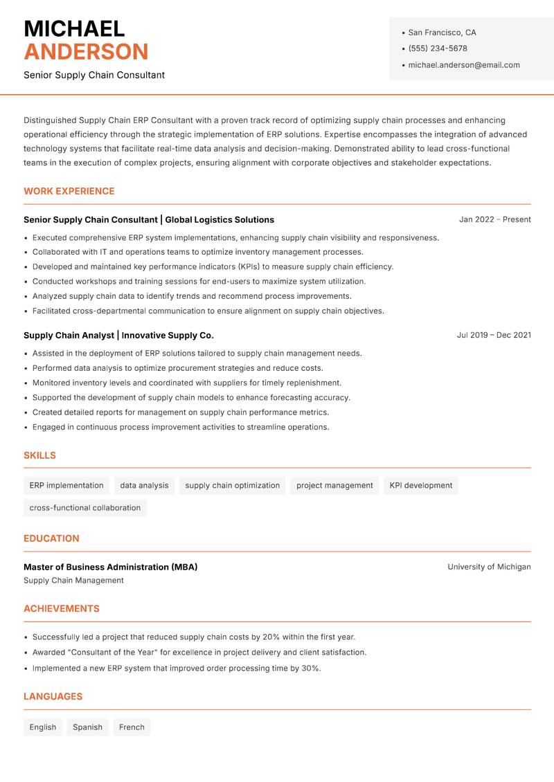 Supply Chain ERP Consultant resume template — Modern Professional