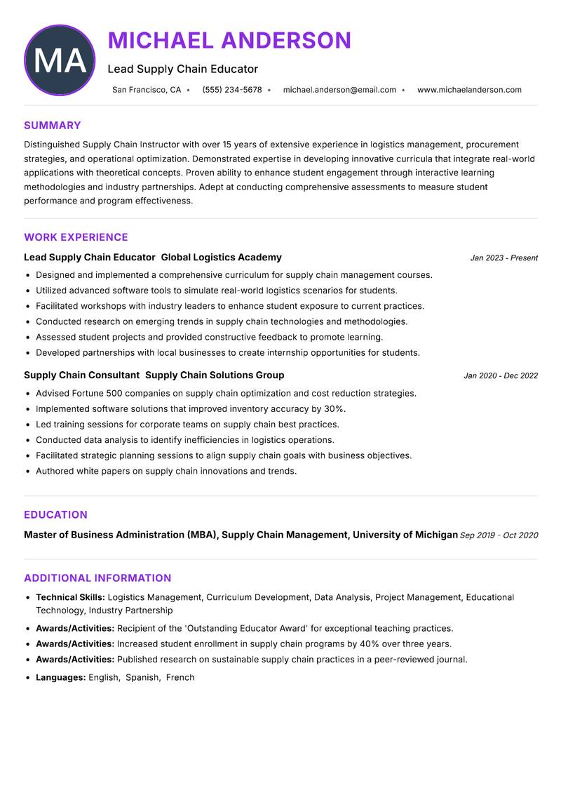 Supply Chain Instructor resume example — ATS-friendly template