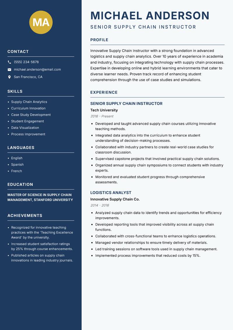 Supply Chain Instructor resume template — Classic Clean