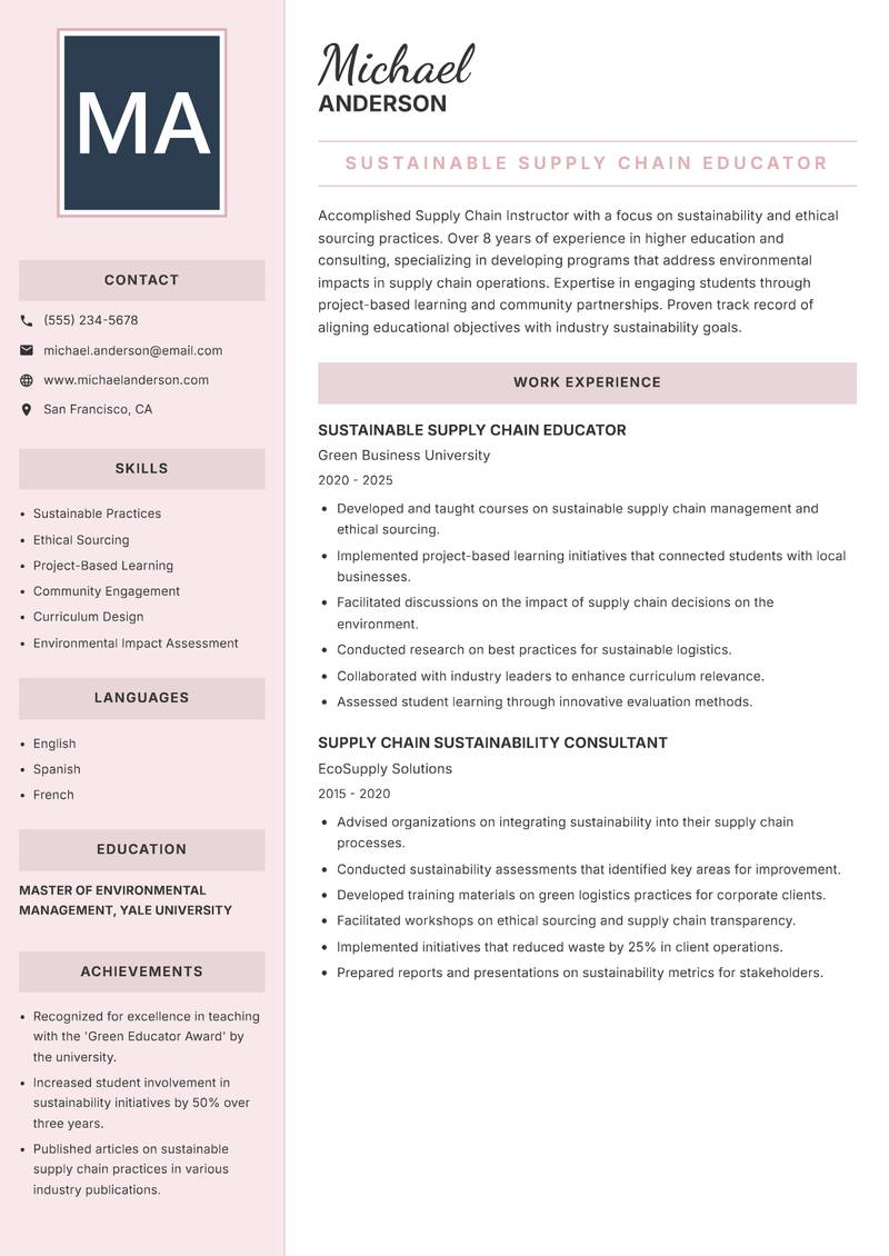 Supply Chain Instructor resume template — Executive