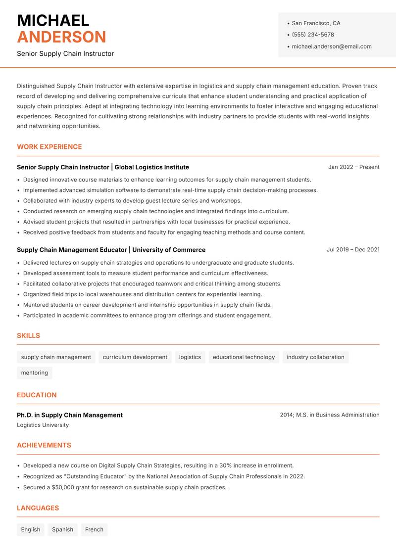 Supply Chain Instructor resume template — Modern Professional