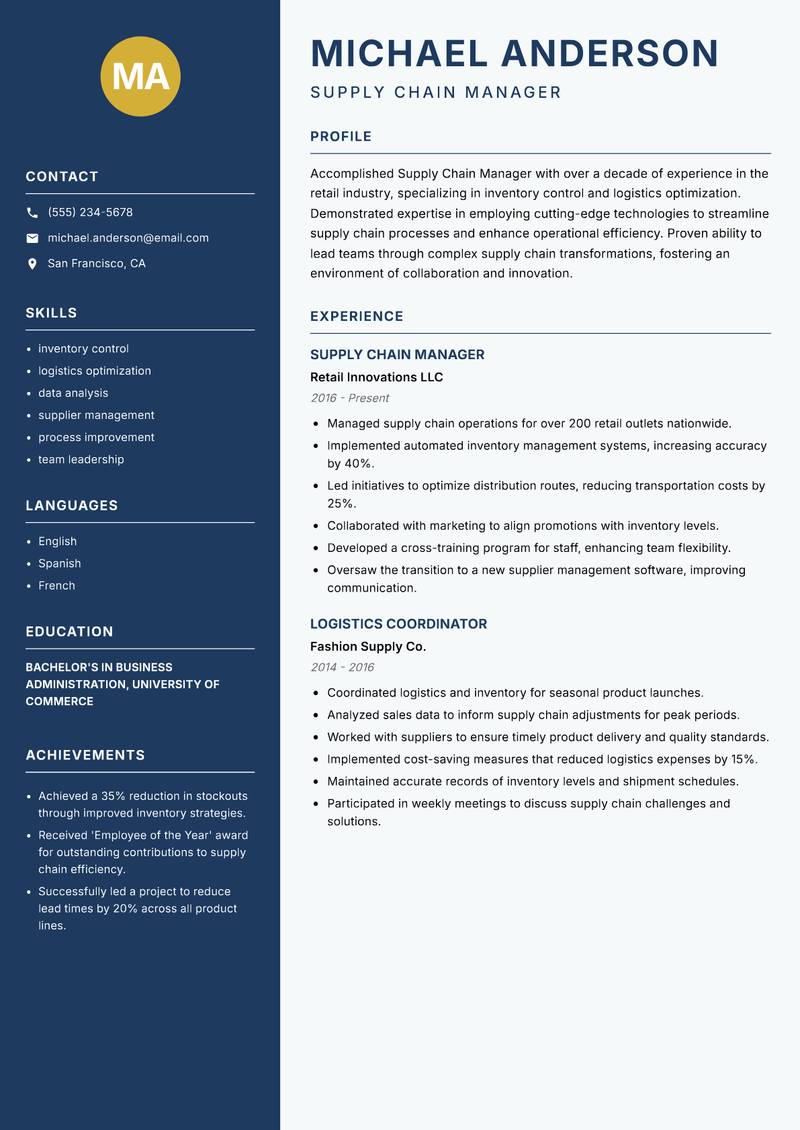 Supply Chain Manager resume template — Classic Clean