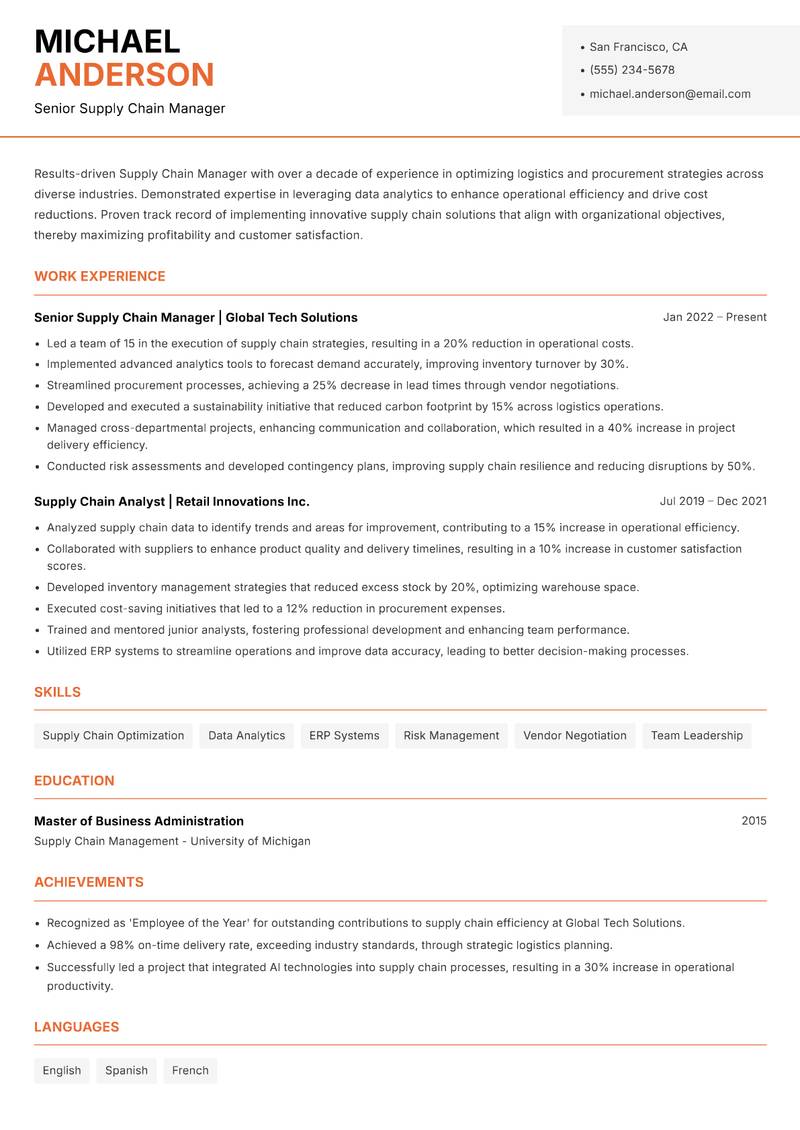 Supply Chain Manager resume template — Modern Professional