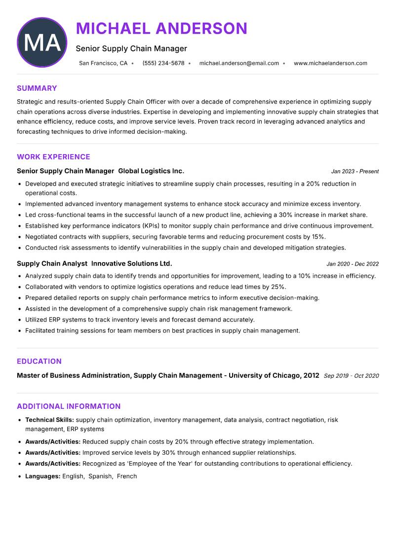 Supply Chain Officer resume example — ATS-friendly template
