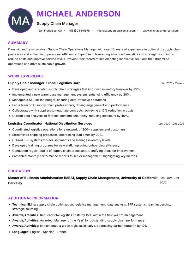 Supply Chain Operations Manager resume example — ATS-friendly template