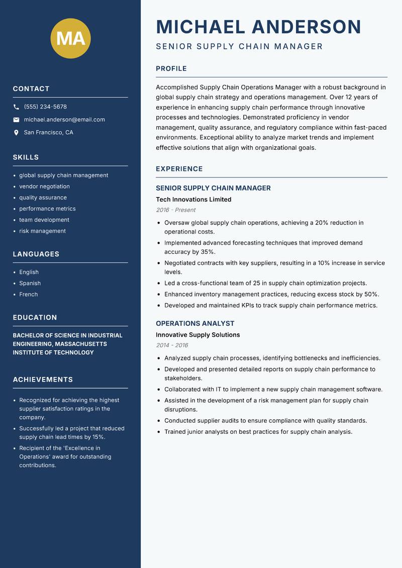 Supply Chain Operations Manager resume template — Classic Clean