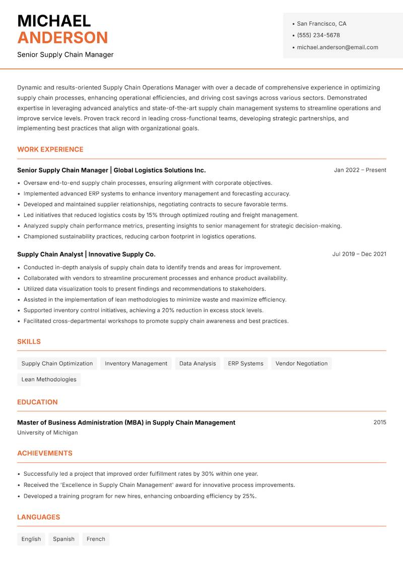 Supply Chain Operations Manager resume template — Modern Professional