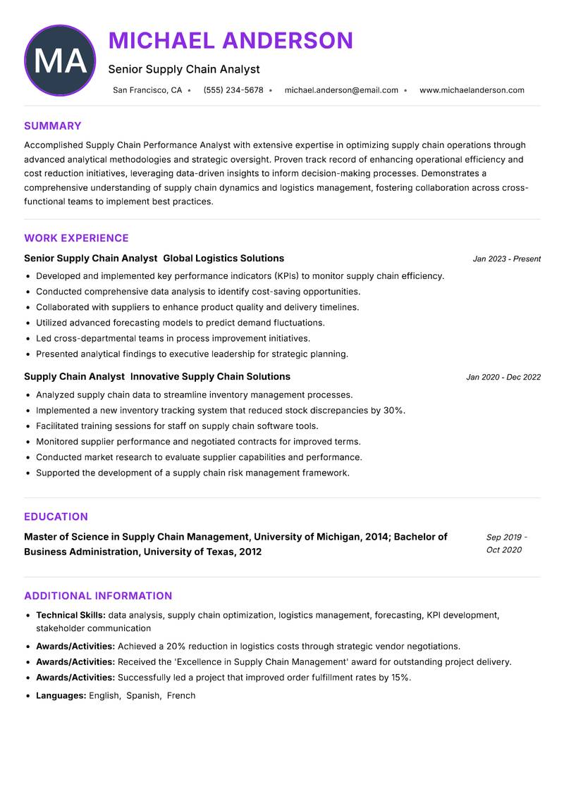 Supply Chain Performance Analyst resume example — ATS-friendly template