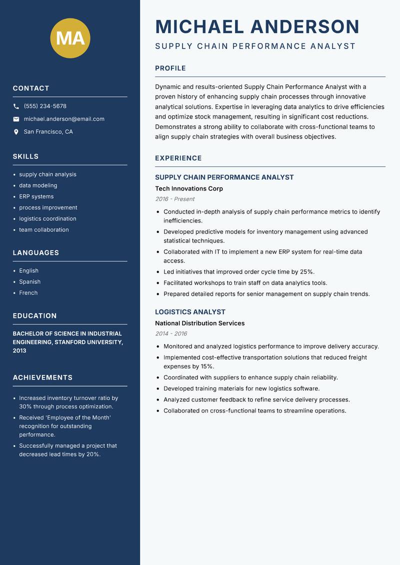 Supply Chain Performance Analyst resume template — Classic Clean