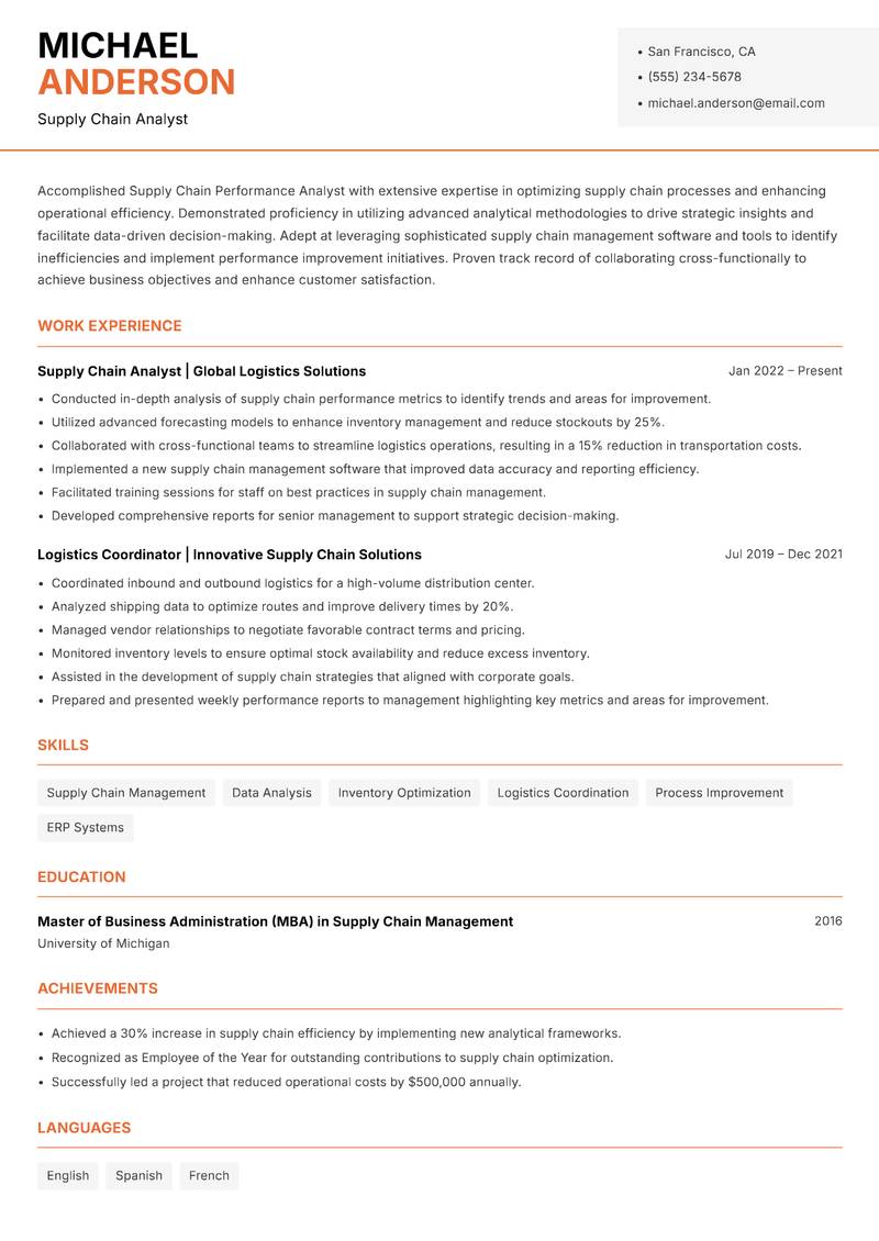 Supply Chain Performance Analyst resume template — Modern Professional