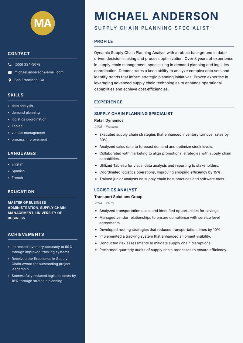 Supply Chain Planning Analyst resume template — Classic Clean