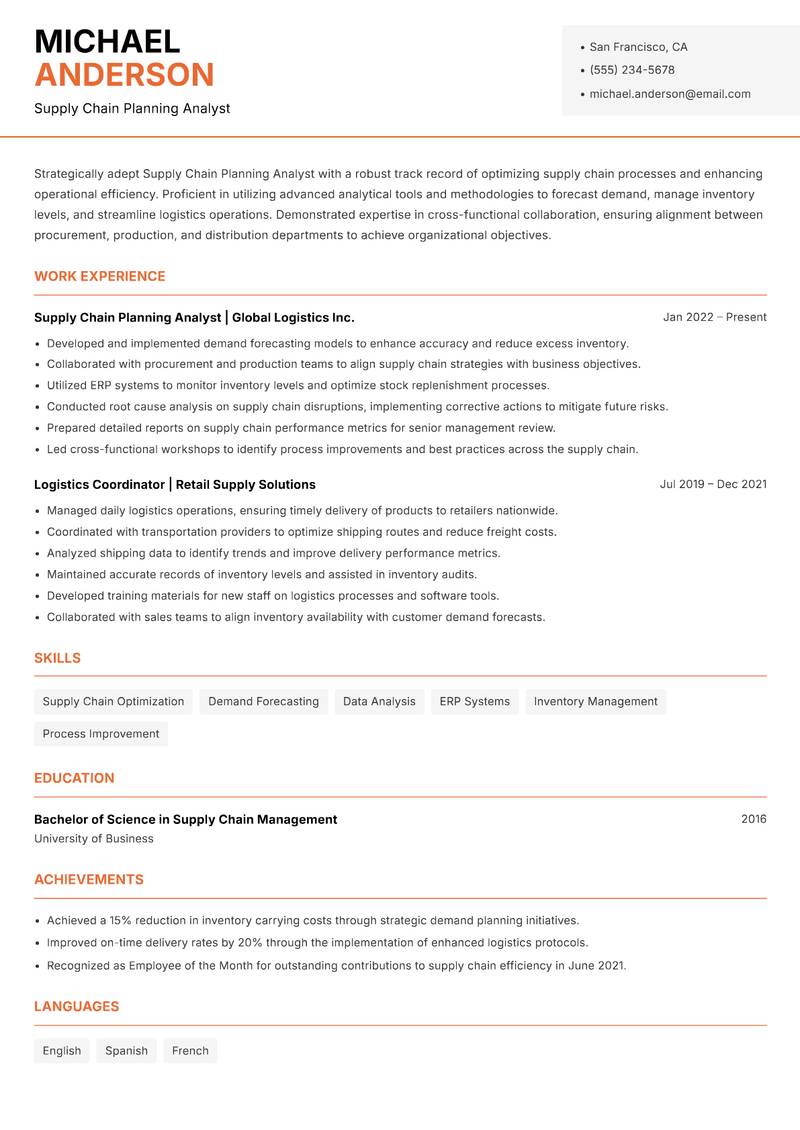 Supply Chain Planning Analyst resume template — Modern Professional