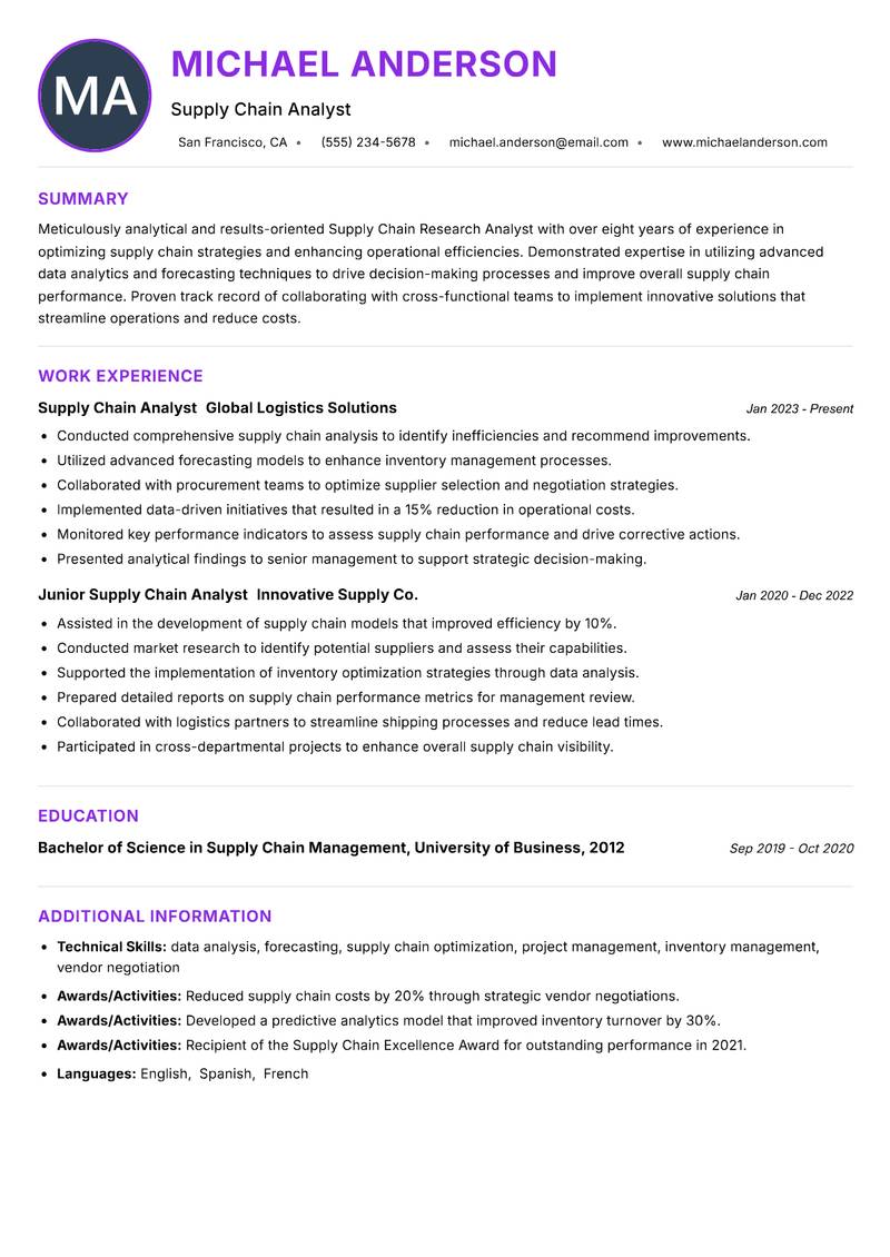 Supply Chain Research Analyst resume example — ATS-friendly template